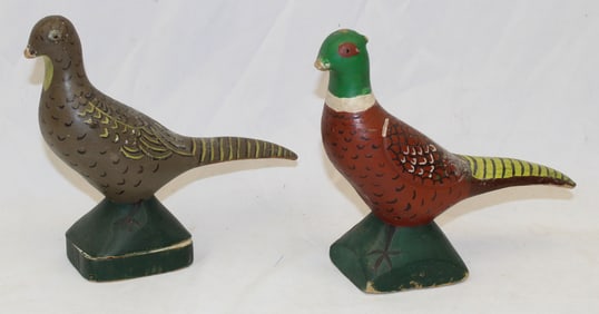 Pair of wooden carved & painted pheasants - 7" & 7 1/2"