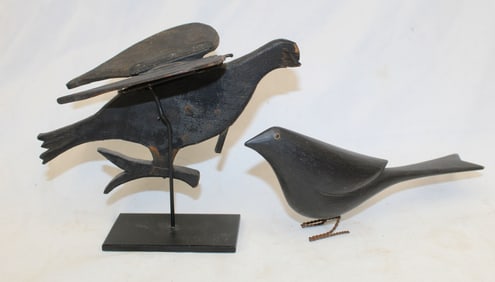Pair of carved wooden & painted black birds - 5"x6 1/2" & 3"x7"