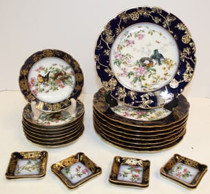 Set of 24 service for 8 Limoges hand painted bird scenic china service - 8 1/2" plates, 5" dessert