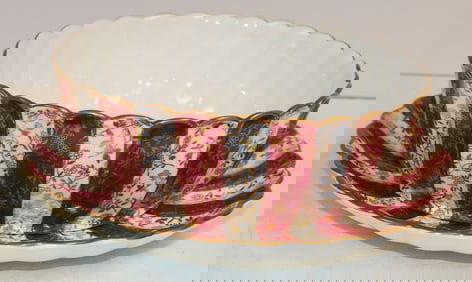 Edwin JD Bodley Burslem, England large bowl w under tray - red & gold design - 8 1/2" & 9" diam
