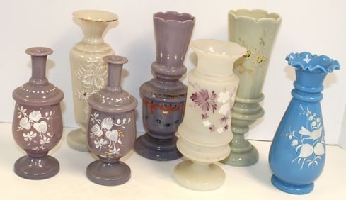 Lot of 7 Bristol glass vases - 7" - 9" tall