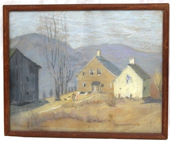 Pastel homestead scenic painting w girl feeding chickens - overall framed size 17"x21"