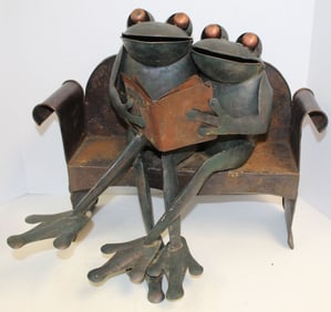 ca 1965-70's Folky painted metal frogs on bench reading - 17 1/2" tall frogs x 19 1/2" wide bench