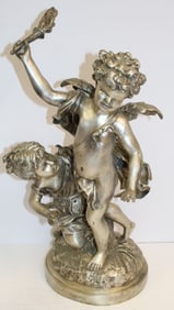 Victorian silvered metal sculpture of cherub & young girl - 22 1/2" tall