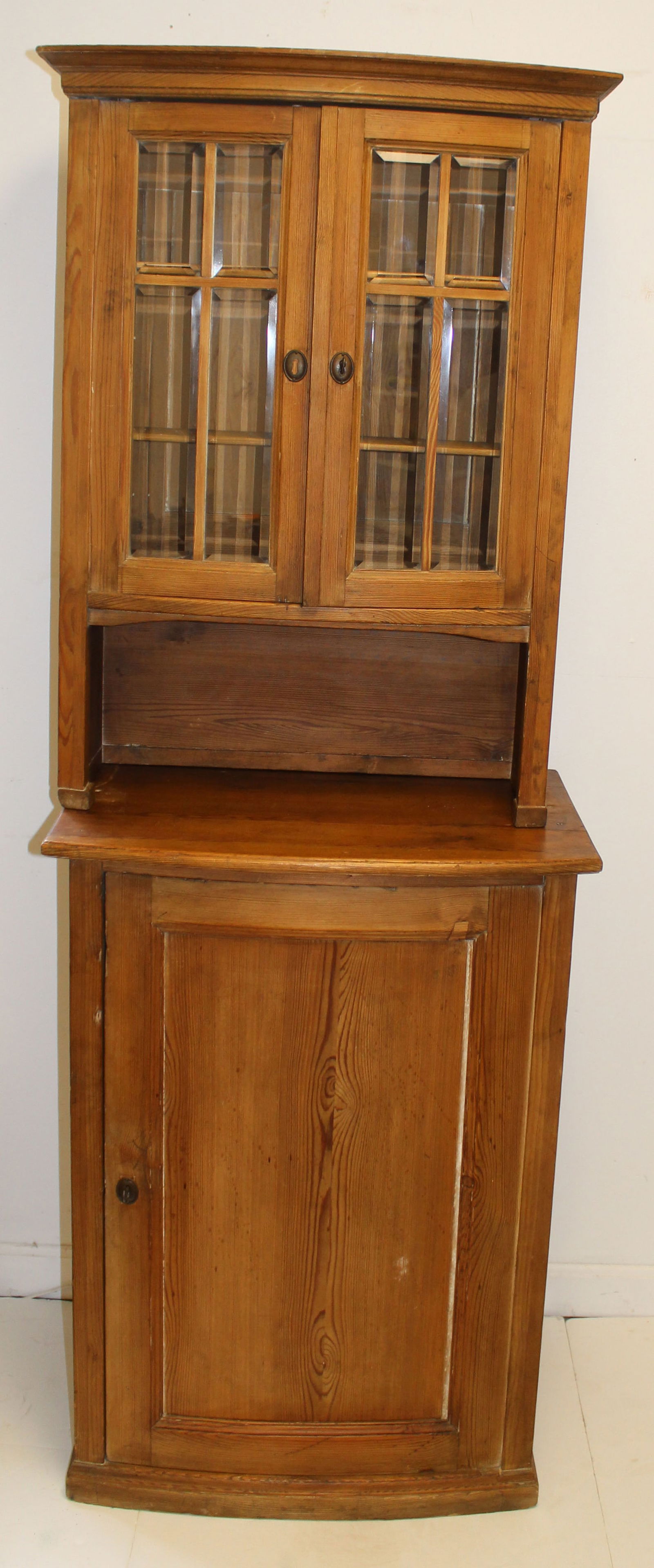 Antique diminutive size cupboard with beveled glass 2 door top & 1 cupboard door bottom - probably (1 of 9)