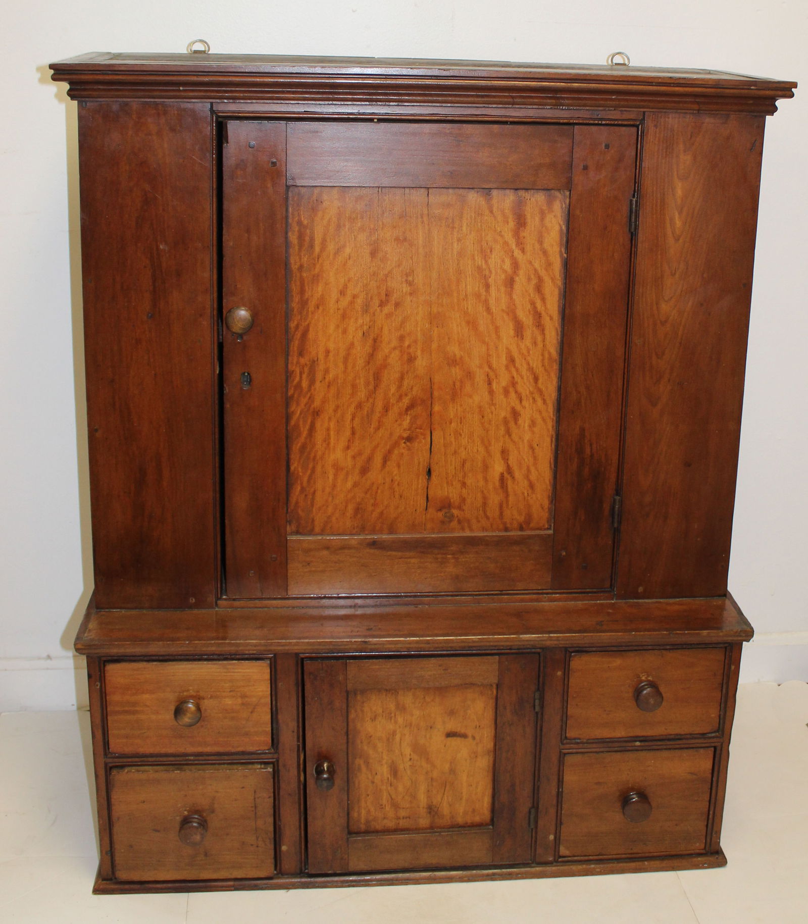 Antique hanging or table top cupboard w 1 cupboard door over 4 drawers & small cupboard door - 39" (1 of 5)