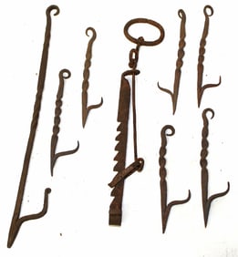 Group of iron betty lamp hangers in unusual forms - 6"-11" long