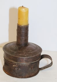 Sheet iron heart motif tinder lighter w candle, flint, striker & tow - 4" tall x 4" wide incl handle