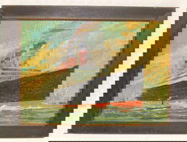 Antique o/c of the ocean liner The Aquitania - initialed FH over an anchor - overall framed size 22