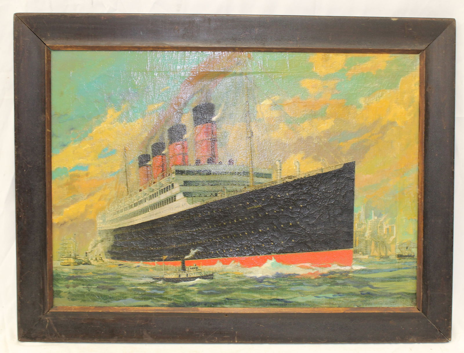 Antique o/c of the ocean liner The Aquitania - initialed FH over an anchor - overall framed size 22 (1 of 8)