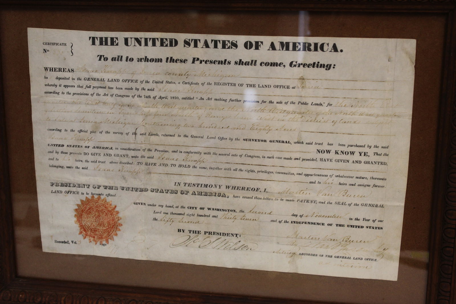 Dated 1837 document signed President Martin Van Buren - 16"x21" overall framed size (1 of 8)