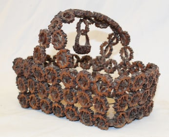 Interesting tramp art basket made from sliced walnut shells - 5 1/2" tall x 7 1/2" long