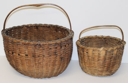 Lot of 2 fixed handled round gathering baskets - 12"x13" & 9"x9"
