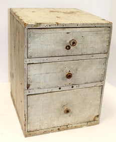 Antique 3 drawer small table top chest in white/gray paint - ex Jimmie Cramer collection - 17" tall