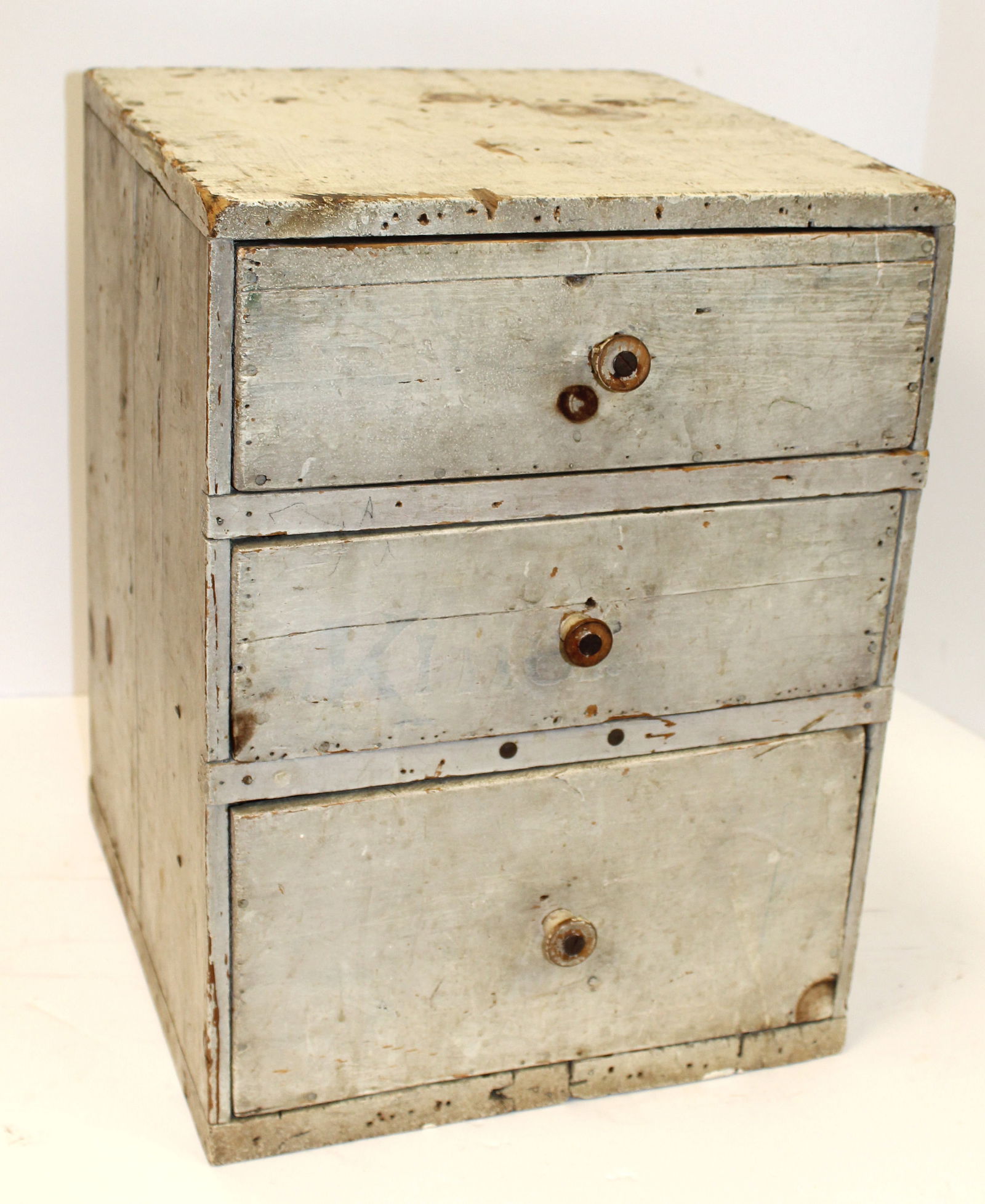 Antique 3 drawer small table top chest in white/gray paint - ex Jimmie Cramer collection - 17" tall (1 of 4)
