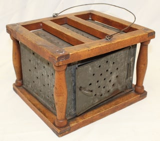 Antique pierced tin & wood footwarmer