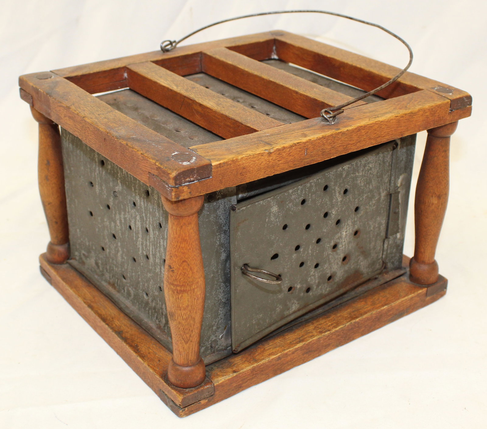 Antique pierced tin & wood footwarmer: Antique pierced tin & wood footwarmer
