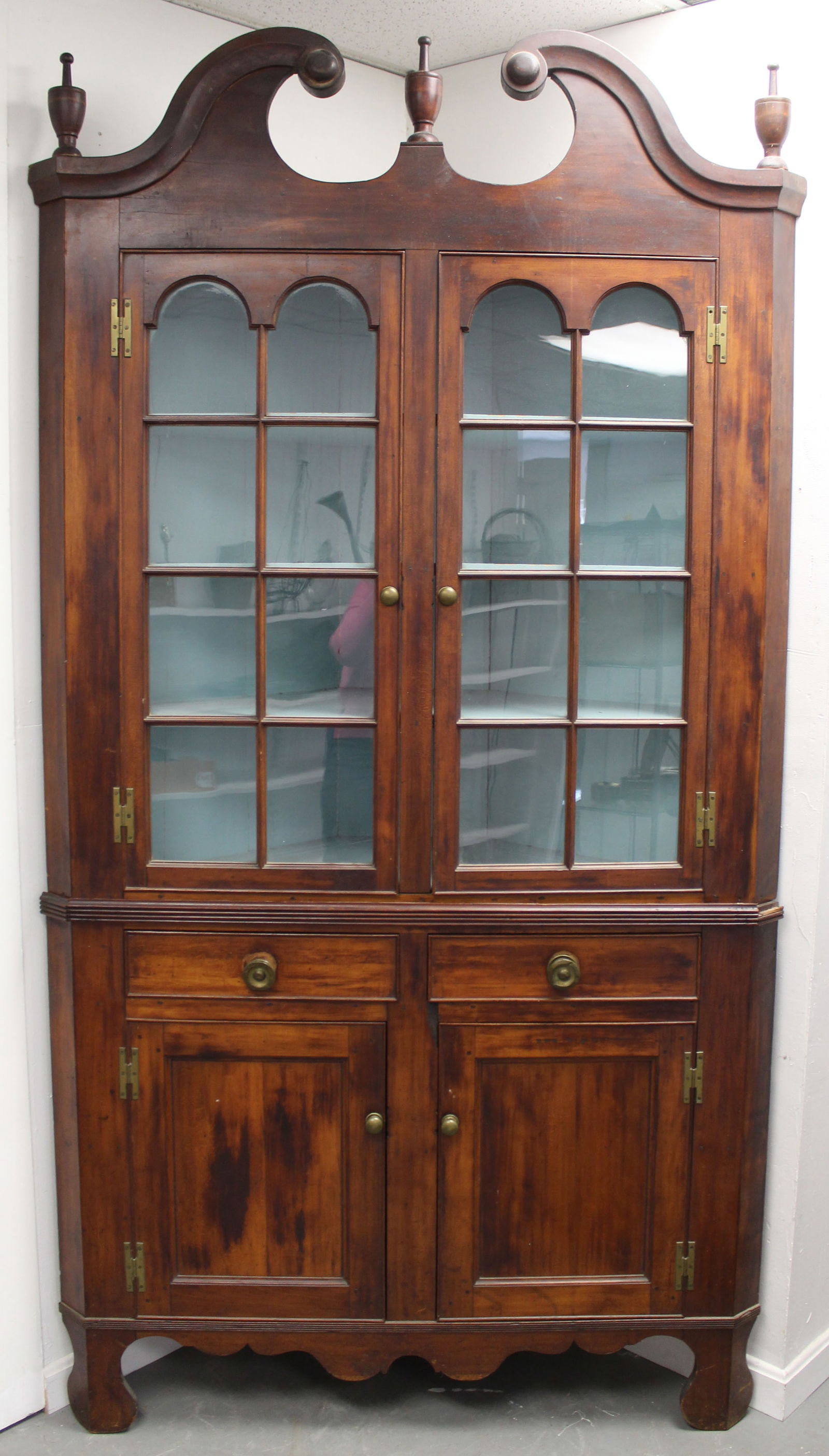 Antique corner cupboard w scrolled top, glass front top doors over paneled bottom doors - 92" tall x (1 of 4)