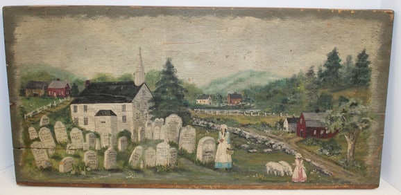 Antique o/panel of a Church w graveyard, girl w sheep & country road w houses - gravestones marked w