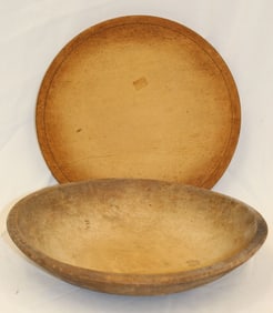 Lot of 2 pieces of antique treen incl round breadboard & bowl - 12 1/2" & 11 1/2" diam