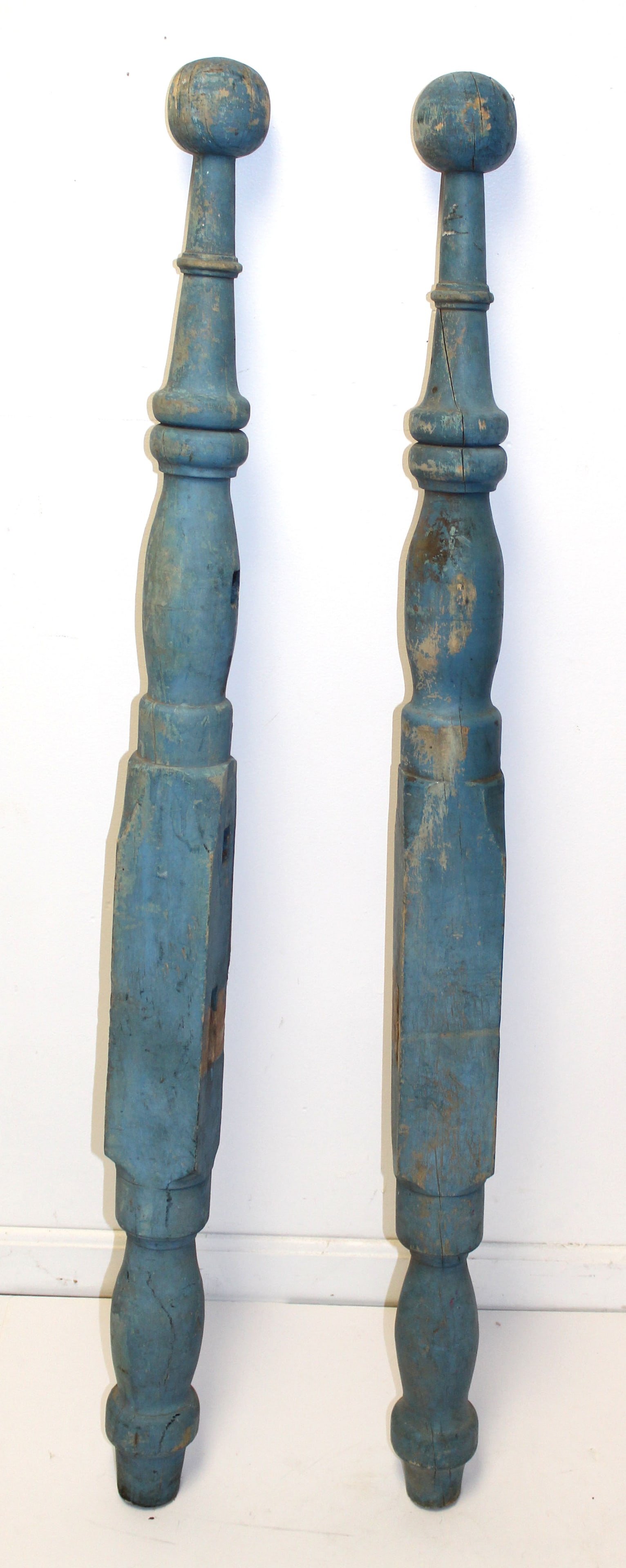Pait of wooden painted blue bedposts - 55" tall: Pait of wooden painted blue bedposts - 55" tall