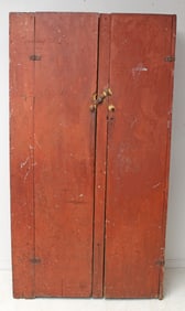Antique 2 door wall cupboard in red paint w shelf interior - 76" tall x 41" wide x 16 1/2" deep