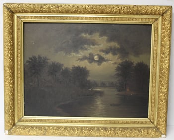 Antique o/c moonlit riverscape - 24 1/2"x30 1/2" overall framed size