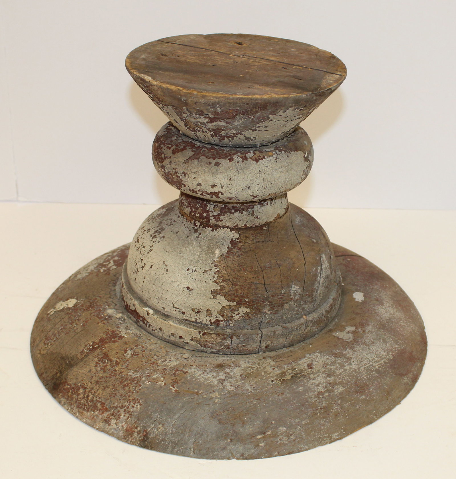 Antique wooden column fragment w traces of crusty white/gray paint - 11 1/2" tall x 16" diam (1 of 4)