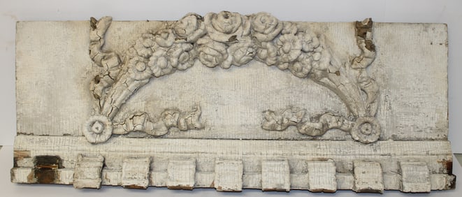 Carved wooden architectural panel in white paint - 13"x35"