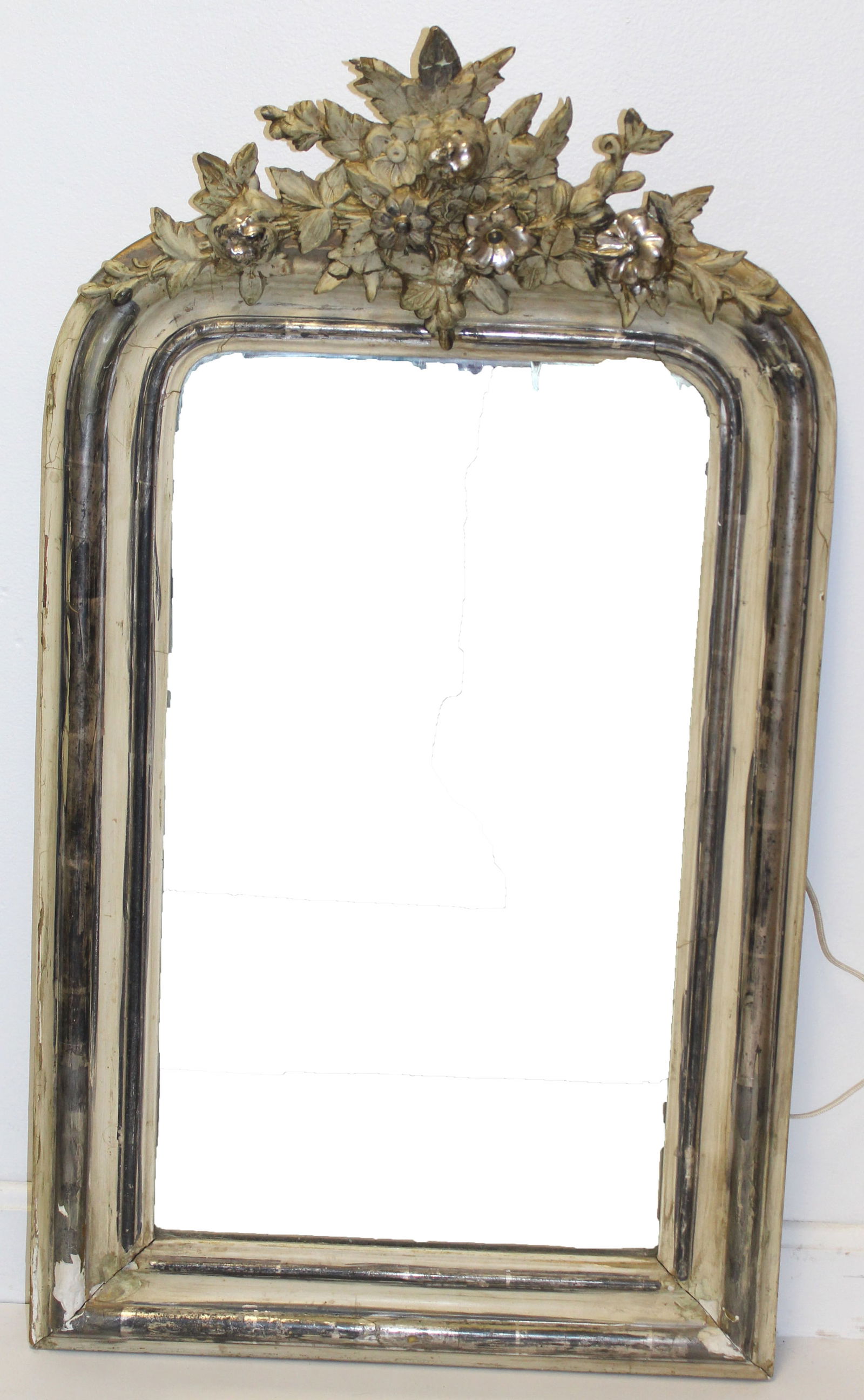 Antique carved wooden painted white French mirror w floral crest (1 of 3)