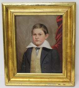 Antique o/panel portrait of a boy in gold frame identified on verso as Henry Harrison Lambert aged