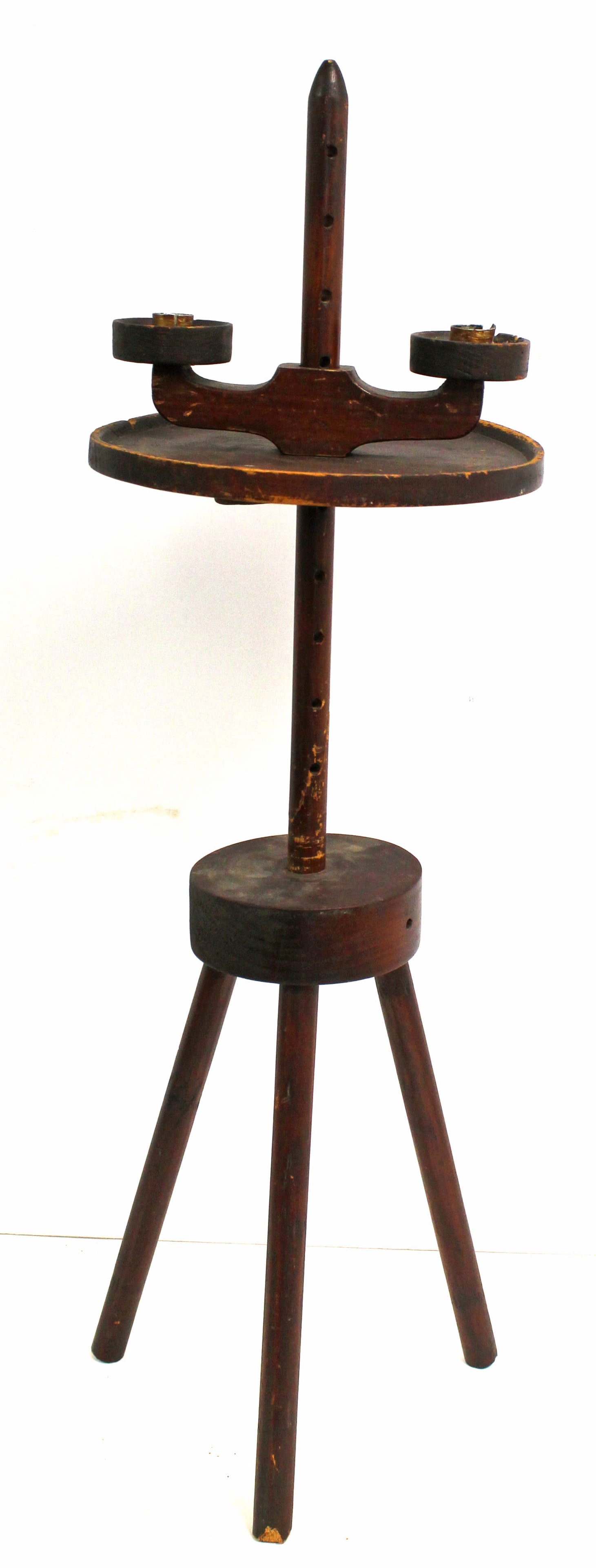 Adjustable round wooden lighting device/stand w 2 candle sockets - 32" tall (1 of 6)