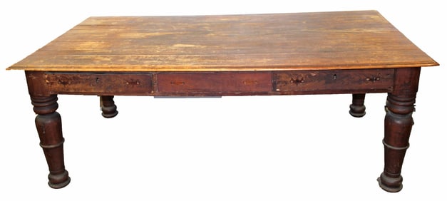 Large wooden work table w 3 drawers on side & exceptionally large bulbous turned legs - 30" tall x