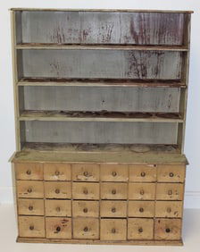 Antique diminutive apothecary chest w shelf top & 24 drawer bottom in cream & gray paint - 37" tall