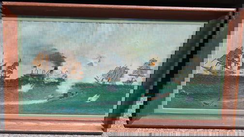 Folk Art o/c of clipper ships & a steamboat - overall framed size 17"x31"