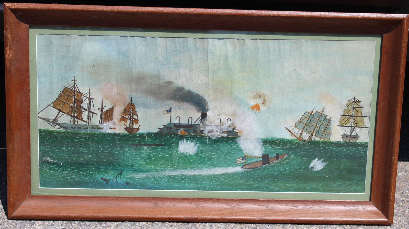 Folk Art o/c of clipper ships & a steamboat - overall framed size 17"x31" (1 of 7)