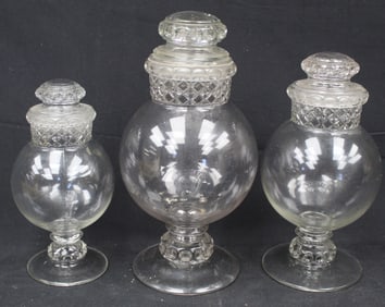Lot of 3 graduated bulbous glass apothecary/candy jars - 12", 13 1/2" & 15"