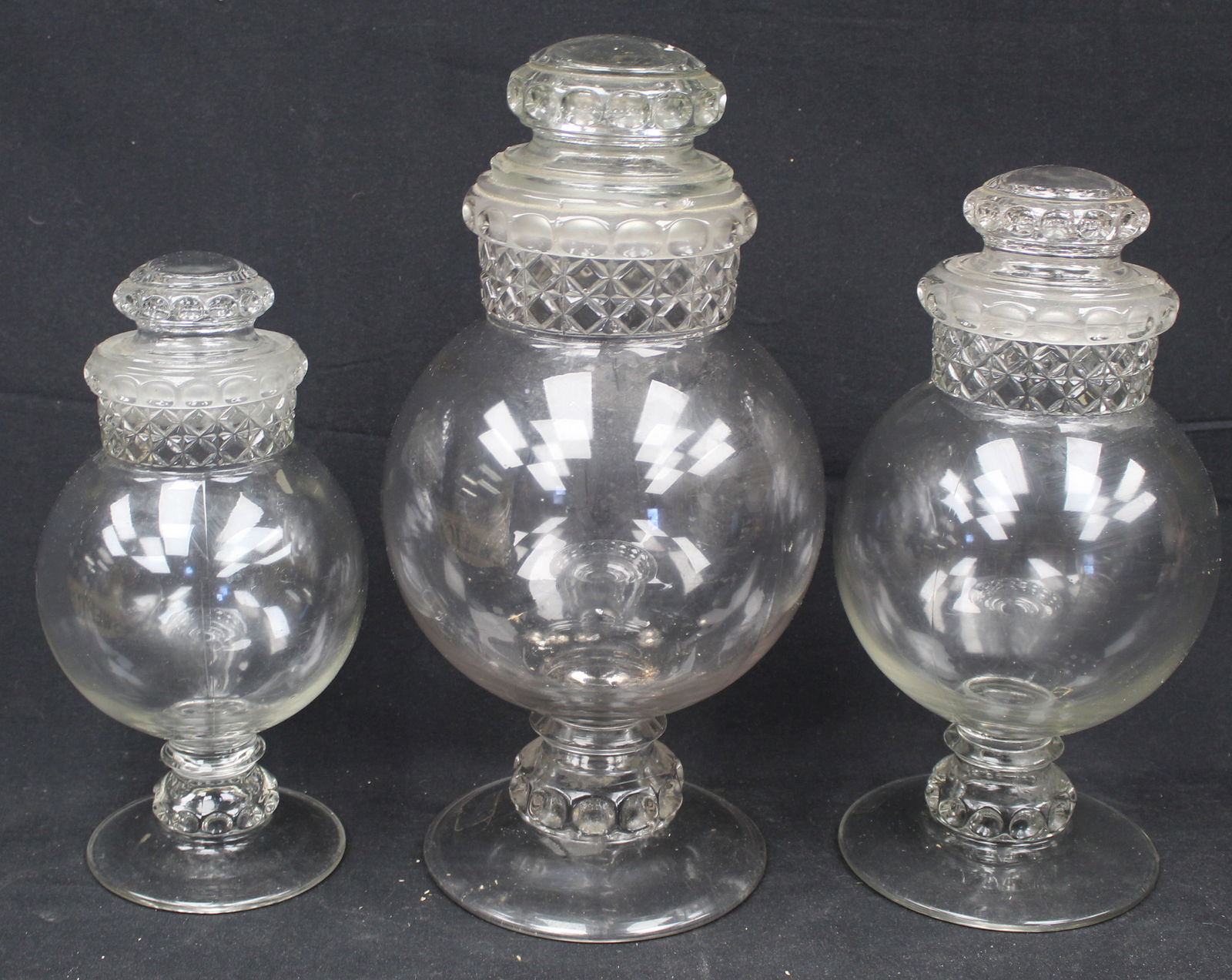 Lot of 3 graduated bulbous glass apothecary/candy jars - 12", 13 1/2" & 15" (1 of 10)