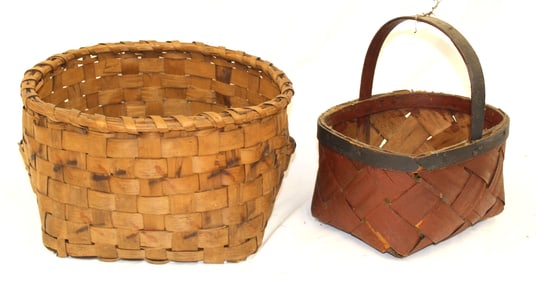 Lot of 2 baskets incl potato stamp dec round open gathering basket & fixed handled in red - 6 1/2"