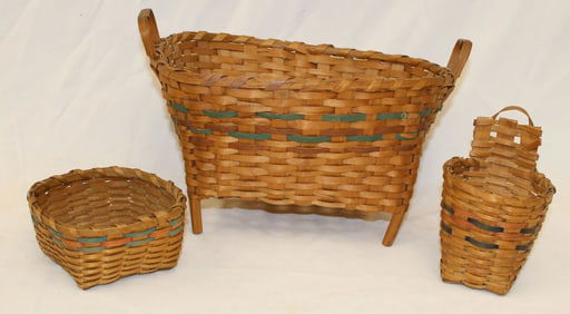 Lot of 3 paint dec small Native American baskets - 4 1/2"x4 1/2", 5" tall & 7"x8"x10"