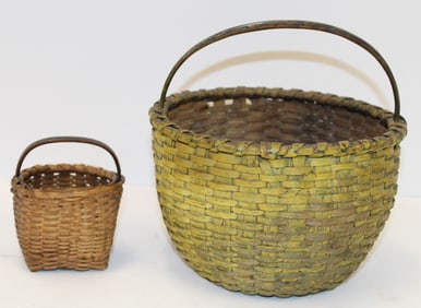 Lot of 2 small fixed handled baskets incl one in yellow paint - 6 1/2"x7" & 3 1/2"x3"