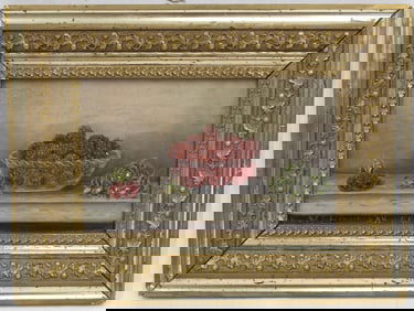 19thC still life painting of raspberries signed SE Schermerhorn, NY dated 1890- overall framed size