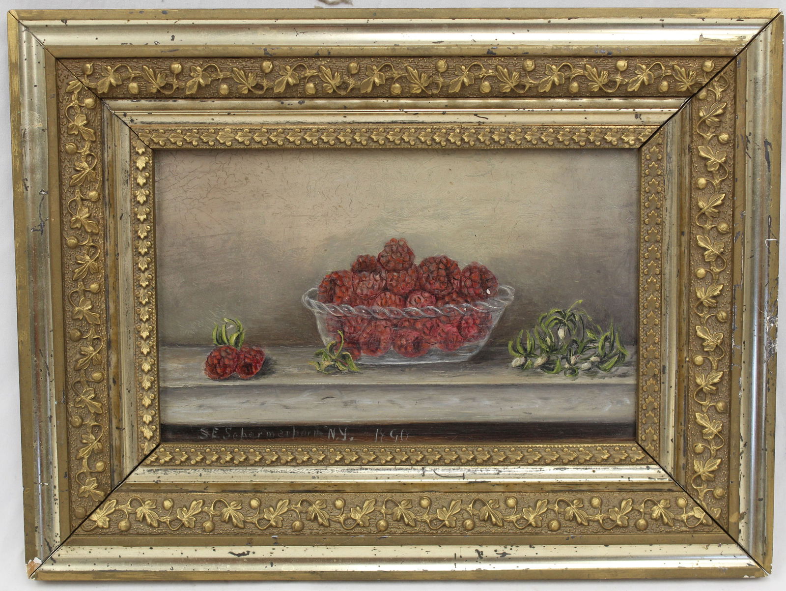 19thC still life painting of raspberries signed SE Schermerhorn, NY dated 1890- overall framed size (1 of 9)