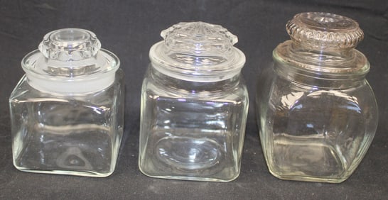 Lot of 3 glass small apothecary jars - 4 1/2", 5 1/2" & 6"