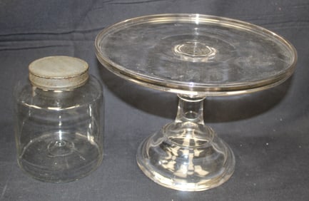 Glass cake stand & a glass jar w tin lid - 10"x8" & 6"