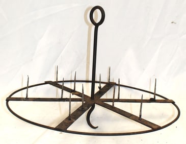 Antique style iron hanging candle pricket chandelier - 14" tall x 19 1/2" diam