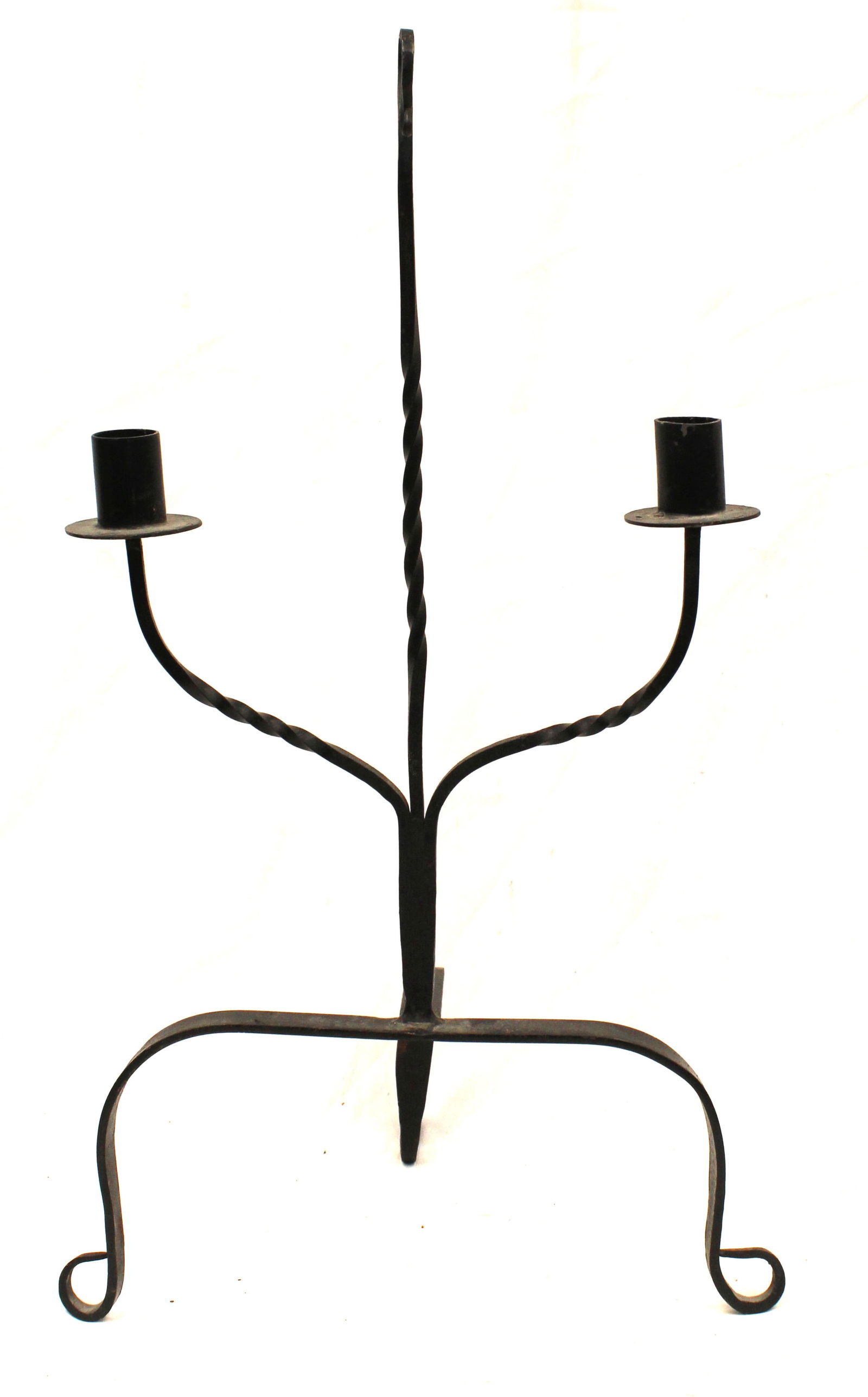 Antique style iron 2 arm candlestand on tri ftd base - 22 1/2" tall x 13" wide (1 of 6)