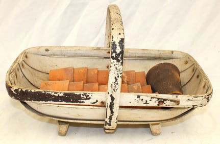 Antique wooden trug in white paint w several terra cotta small pots - 9 1/2" tall x 16" wide x 8"