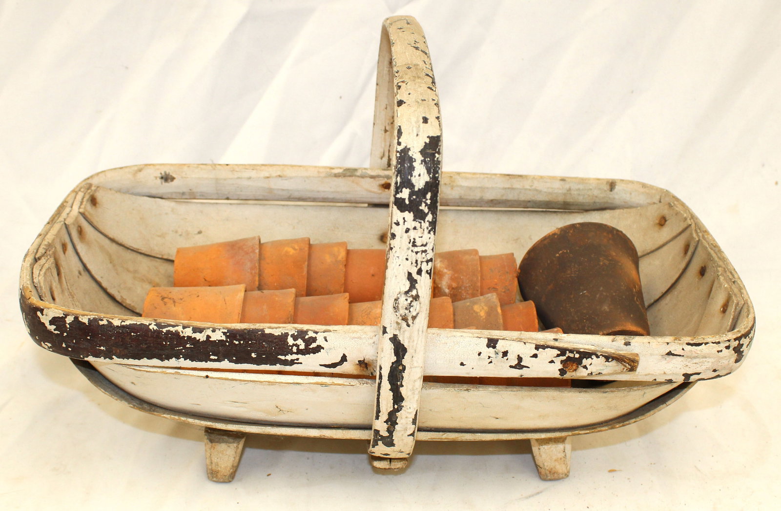 Antique wooden trug in white paint w several terra cotta small pots - 9 1/2" tall x 16" wide x 8": Antique wooden trug in white paint w several terra cotta small pots - 9 1/2" tall x 16" wide x 8" deep