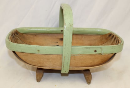 Antique wooden trug w green painted border & handle- 7" tall x 11 1/2" wide x 6" deep
